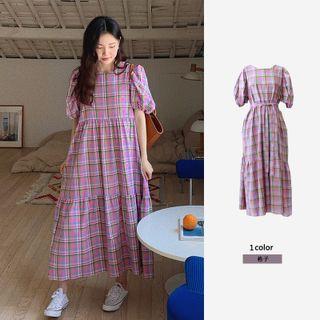 Puff-sleeve Plaid Maxi A-line Dress