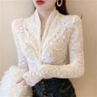 V Neck Bow Lace Long-sleeve Top