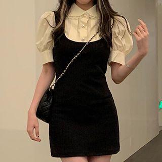 Puff-sleeve Plain Shirt / Faux Pearl Waist Chain Mini Skirt / Plain Mini Overall Dress