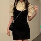Puff-sleeve Plain Shirt / Faux Pearl Waist Chain Mini Skirt / Plain Mini Overall Dress