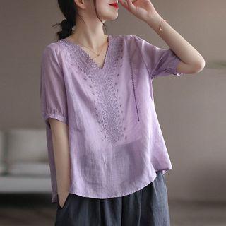 Short-sleeve V-neck Linen Blouse