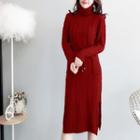 Twist-knit Turtleneck Long-sleeve Midi Dress