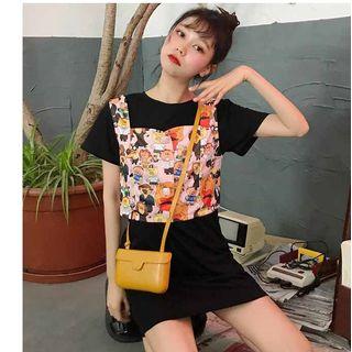 Set: Short-sleeve Mini T-shirt Dress + Sleeveless Cartoon Printed Ribbon Top