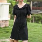 Short-sleeve Ruffle-neck Buttoned A-line Dress