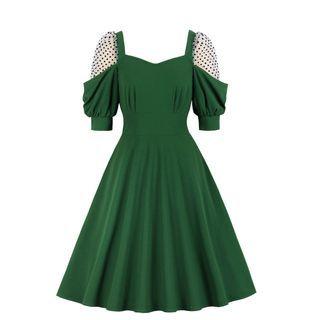 Short-sleeve Dot Mesh Midi Dress