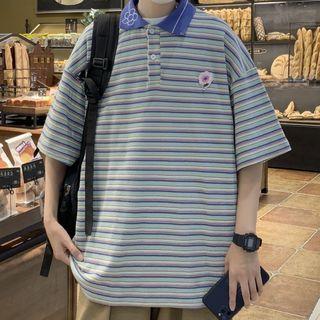 Short-sleeve Striped Polo Collar Shirt