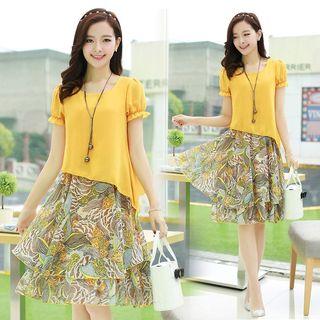 Mock Two-piece Flower Print Short-sleeve Dress