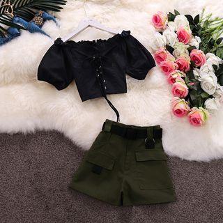 Set: Lace Up Puff-sleeve Crop Top + High-waist Shorts
