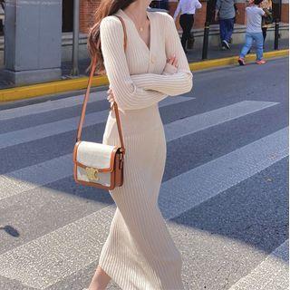 Long-sleeve Henley Midi Knit Sheath Dress