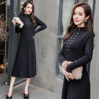 Long-sleeve Mock Neck Button-detail Midi Knit Dress