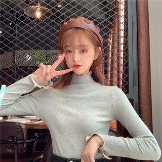 Frilled Mock-neck Long-sleeve Slim-fit Knit Top