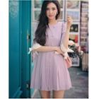 Faux Pearl Long-sleeve Pleated A-line Dress