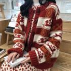 Deer Pattern Cardigan / Leaf Print Long-sleeve Midi A-line Dress