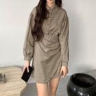Mock Two-piece Long-sleeve Plaid Mini Shirt Dress