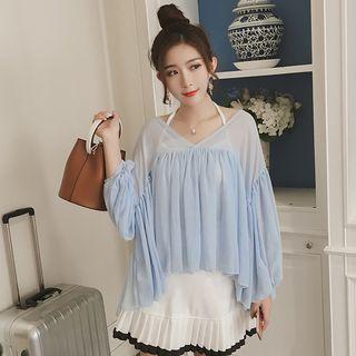 Set: Plain Pleated Long Sleeve Top + Halter Top