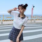 Striped Short-sleeve Polo Shirt / Plaid Pleated Skirt