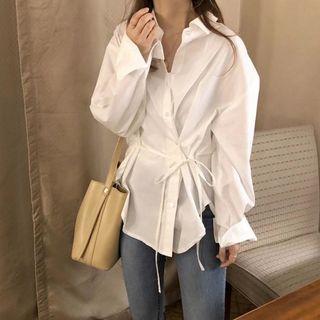 Long-sleeve Asymmetric Tie Waist Shirt White - One Size