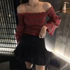 Plaid Off-shoulder Blouse / Mini A-line Skirt