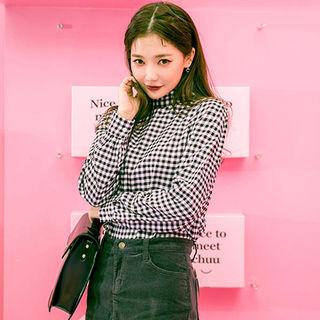Mock-neck Button-back Gingham Blouse