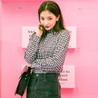 Mock-neck Button-back Gingham Blouse