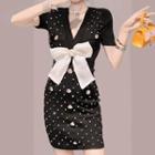 Short-sleeve Ribbon Knit Mini Sheath Dress