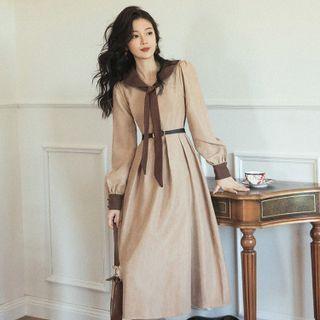Long-sleeve Bow Accent Collared Midi A-line Dress