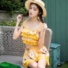 Set: Ruffle-trim Floral Print Swim Top + Swim Skirt + Long-sleeve Cover-up