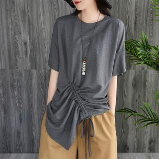 Elbow-sleeve Asymmetric Drawstring T-shirt