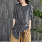 Elbow-sleeve Asymmetric Drawstring T-shirt