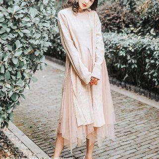 Set: Slit Knit Top + Midi Mesh Skirt