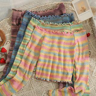 Off-shoulder Ruffle-edge Striped Crop T-shirt