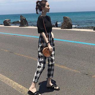 Set: Short Sleeve Buttoned Top + Check Pants