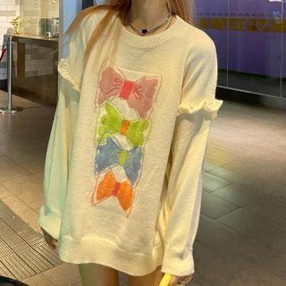 Bow Print Ruffle Trim Sweater