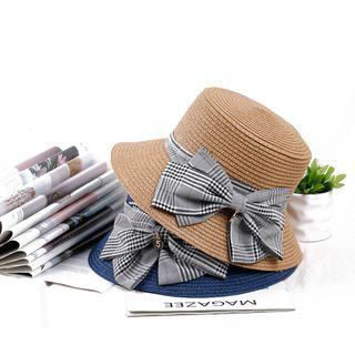 Plaid Ribbon Straw Bucket Hat