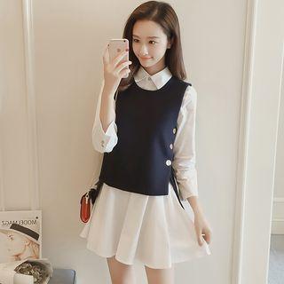 Set: Knit Vest + Plain Shirt Dress