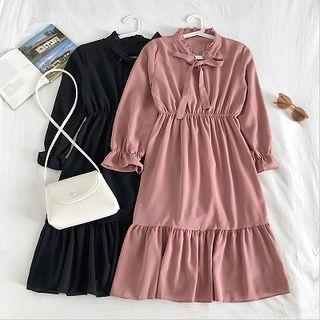 Plain Lace-up Ruffled-trim Long-sleeve Dress