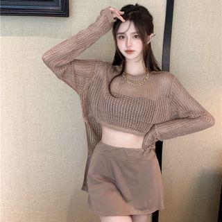 Round-neck Long Sleeve Crop Sweater With Necklace / High Waist Mini Skorts