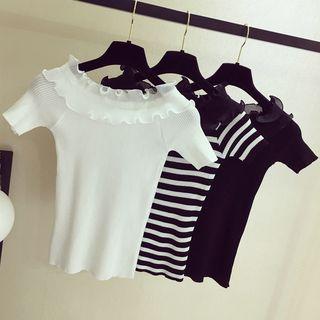 Ruffle Trim Ribbed Short-sleeve Top
