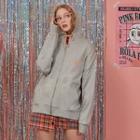 Letter-printed Zip-up Oversized Hoodie Melange Gray - One Size