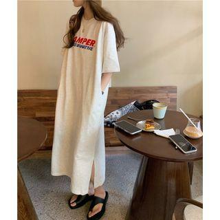 Elbow-sleeve Lettering T-shirt Dress Light Gray - One Size