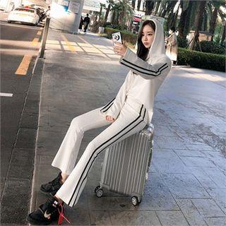 Striped Hoodie & Boot-cut Pants Airport-look Set