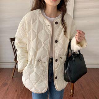 Quilted Drawstring-waist Button-up Jacket