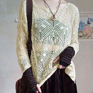 Long Sleeve Pointelle Knit Loose-fit Top
