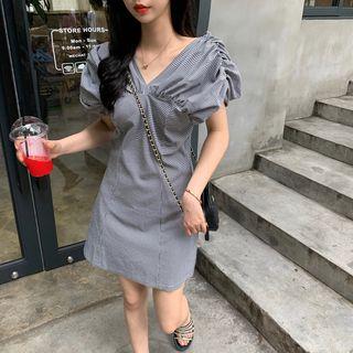 Puff-sleeve Houndstooth Dress As Shown In Figure - One Size