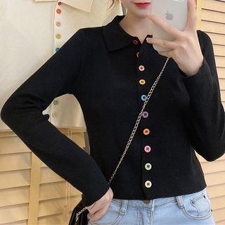 Lapel Long-sleeve Top With Rainbow Buckles