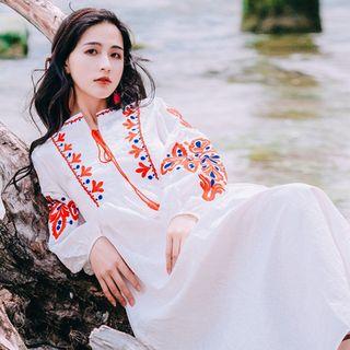 Puff-sleeve Embroidered A-line Maxi Dress