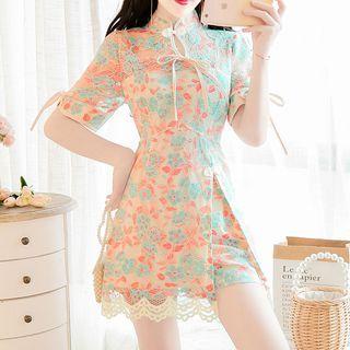 Set: Flower Print Short-sleeve Mini A-line Dress + Shorts