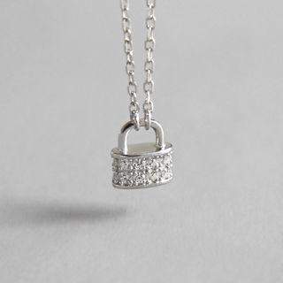 925 Sterling Silver Rhinestone Padlock Pendant Necklace 925 Silver - Platinum - One Size