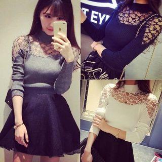Lace Panel Turtleneck Knit Top
