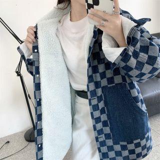 Check Fleece Loose-fit Denim Jacket Blue - One Size
